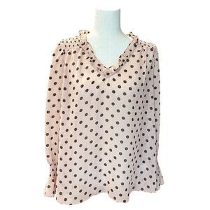 Moon River Long Sleeve Sheer Blouse Ruffle Neckline Pink/Brown Polka Dot Large
